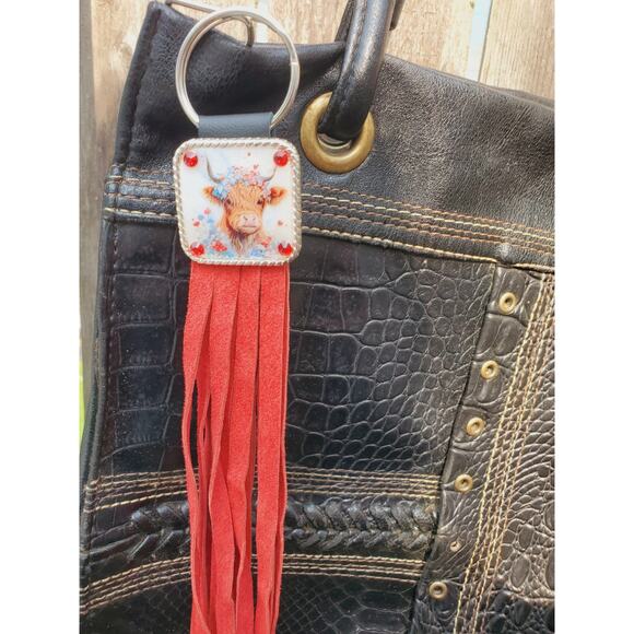 Handmade cow lover boho Leather Fringe Western bag charm, Long fringe keychain - Picture 4 of 4
